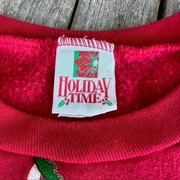 VTG Christmas Sweatshirt Cat Mouse Holiday Time Puffy Graphic Crewneck Med Red - Picture 10 of 11